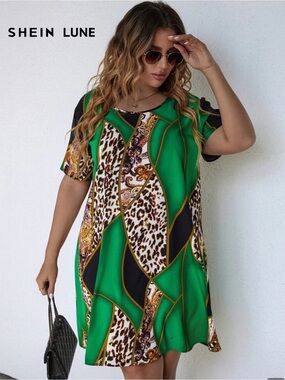 SHEIN Green Patchwork Print Animal Print Curve Dress